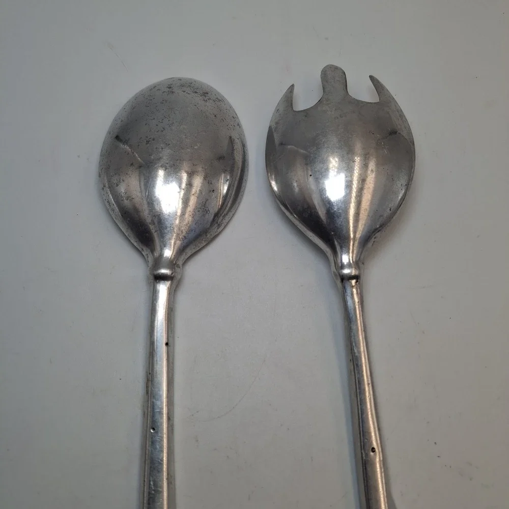 Vintage Mexican Pewter Salad Servers Set Daisy Floral Cast Aluminum Hecho Mexico